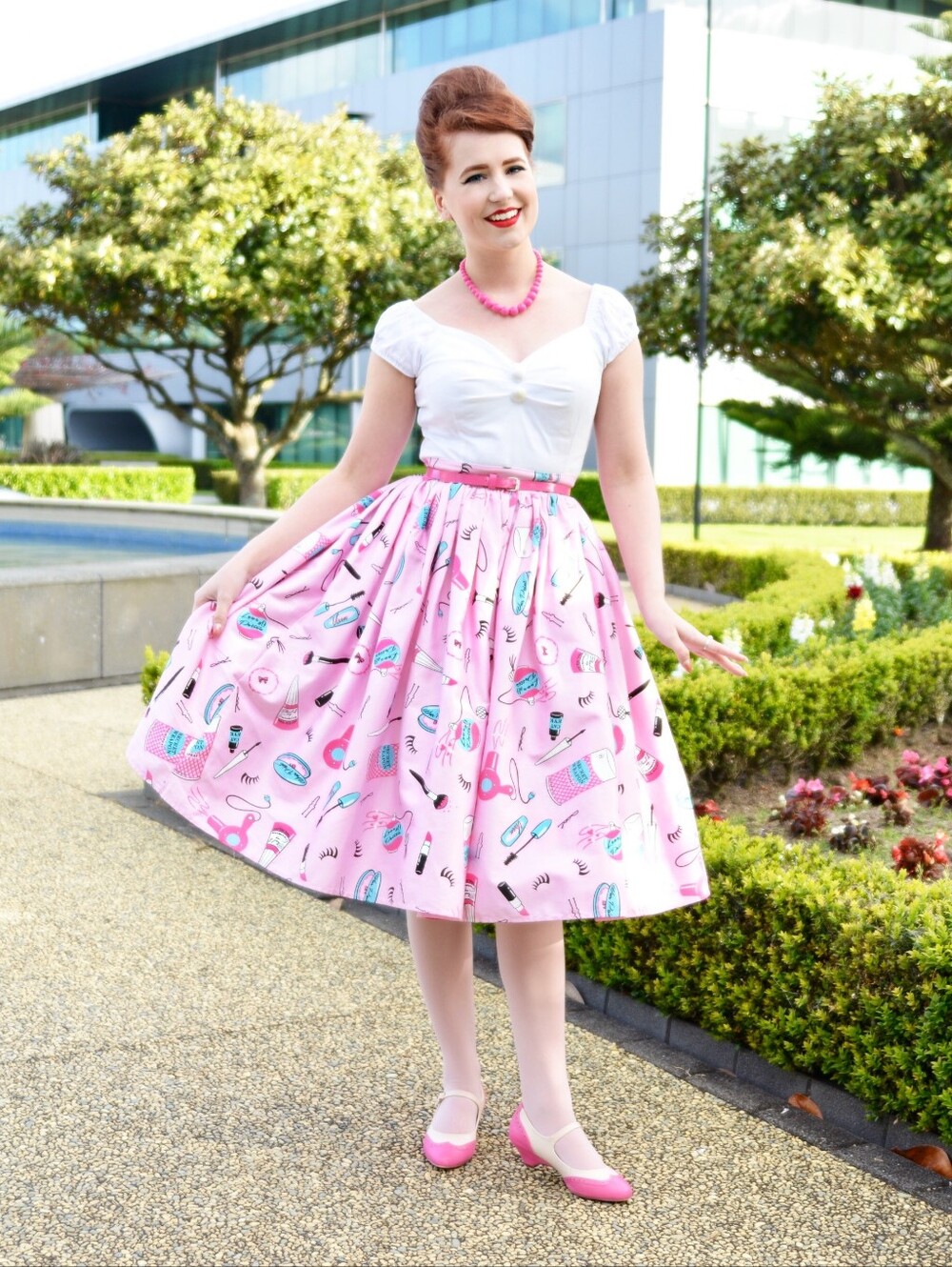 Vixen by Micheline Pitt Pink Beauty Print Gathered A-Line Skirt